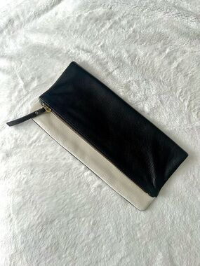 NWOT Banana Republic Black and Cream Two-Tone Leather Fold-Over Clutch
